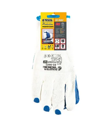 Rukavice pracovné MASTERTOOL 83-0604 z bezšvovej pletenej bavlny s prírodným latexovým povrchom, ochranou kĺbov žltá/modrá 10,5"