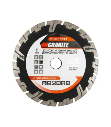 Kotúč diamantový GRANITE TURBO REINFORCED 180*2,6 mm 22-24% 8600 ot./min 9-03-180